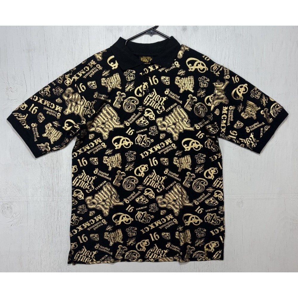 Mens Southpole Polo Shirt Size M Short Sleeve Black Gold All Over Print Y2K